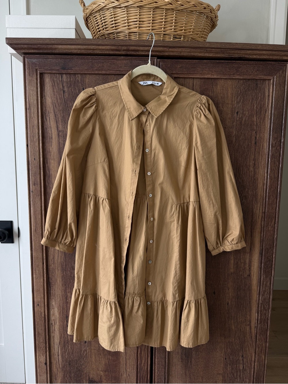 Zara Camel Tiered Mini Shirt Dress